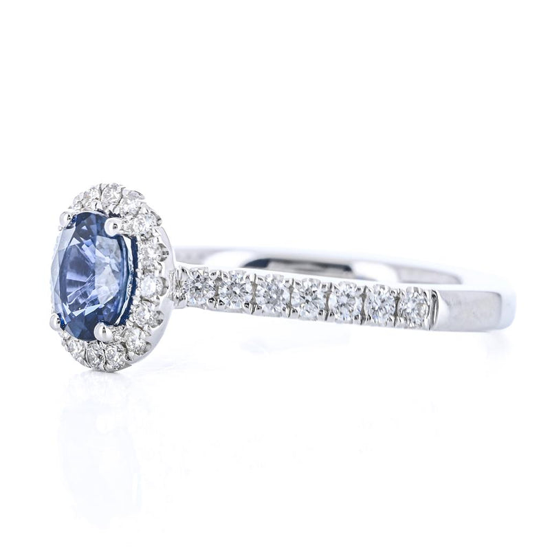 1.15CTW Round Sapphire + Diamond Engagement Ring - Halo + Pavé Band - 18K White Gold