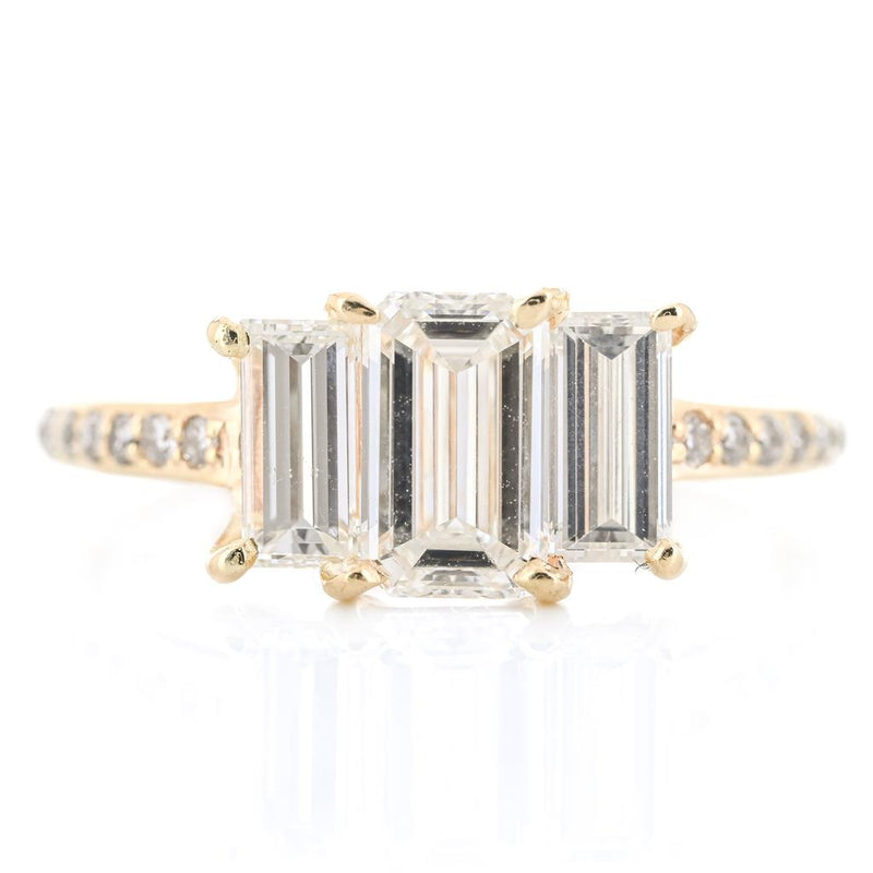 1.97CTW Emerald + Baguette Diamond Three Stone Engagment Ring - Pavé Band - 14K Yellow Gold