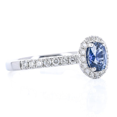 1.15CTW Round Sapphire + Diamond Engagement Ring - Halo + Pavé Band - 18K White Gold