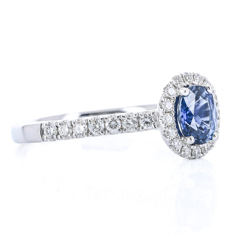1.15CTW Round Sapphire + Diamond Engagement Ring - Halo + Pavé Band - 18K White Gold