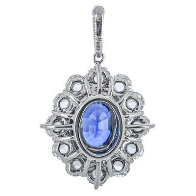 1.94CTW Oval Sapphire + Rose Cut Diamond Halo Pendant - 14K White Gold