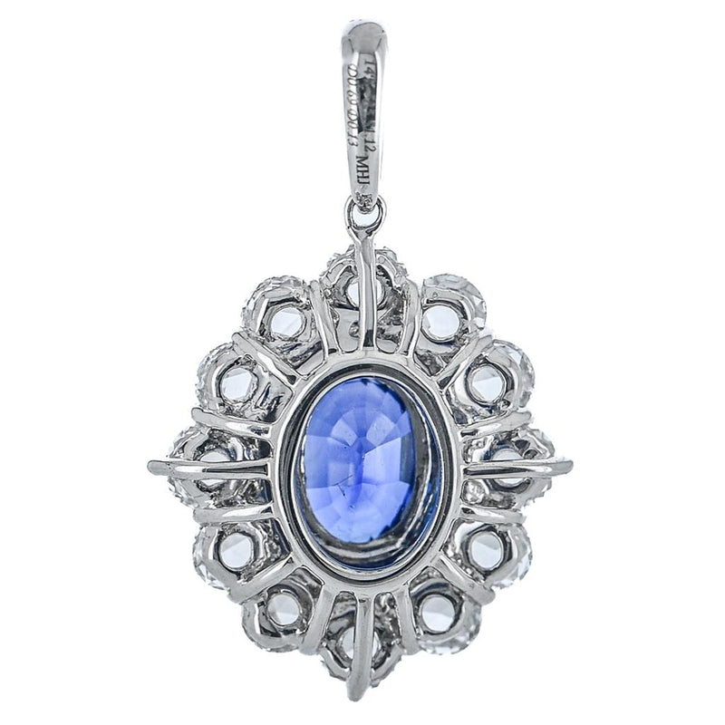 1.94CTW Oval Sapphire + Rose Cut Diamond Halo Pendant - 14K White Gold
