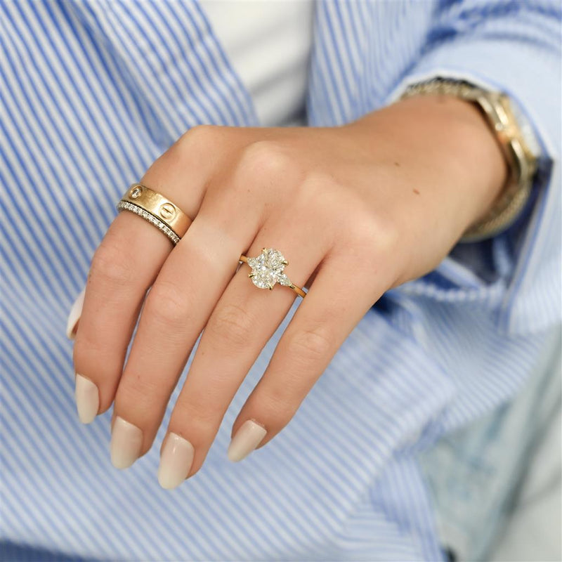 2.26CTW Oval + Pear Lab-Grown Diamond Three Stone Engagement Ring - 14K Yellow Gold