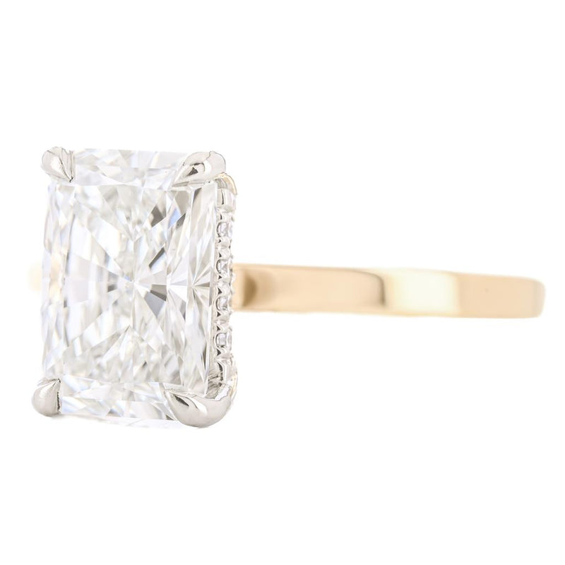 3.0CTW Radiant Lab-Grown Diamond Engagement Ring, 3mm band - Hidden Halo + Solitaire - 14K Yellow Gold + 950 Platinum