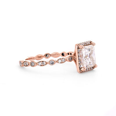 2.25tw Princess Moissanite + Diamond Engagement Ring, Halo, Scalloped - 14K Rose Gold