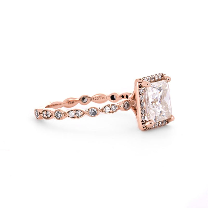 2.25tw Princess Moissanite + Diamond Engagement Ring, Halo, Scalloped - 14K Rose Gold