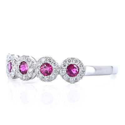 .59CTW Round Ruby + Diamond Band - Halo - 14K White Gold