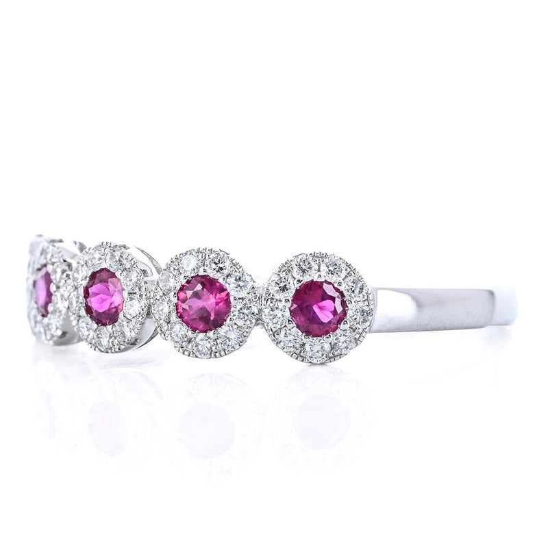 .59CTW Round Ruby + Diamond Band - Halo - 14K White Gold