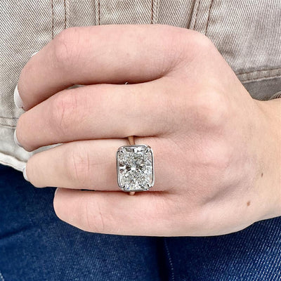 5.09ct Cushion Lab-Grown Diamond set East/West Bezel Solitaire Engagement Ring - 950 Platinum + 14k Yellow Gold