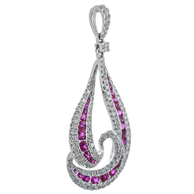 1.14CTW Round Diamond + Ruby Swirl Pendant  - 14K White Gold