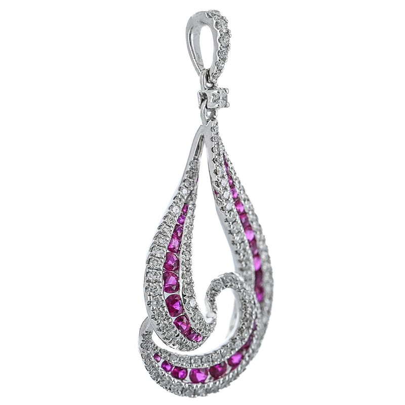 1.14CTW Round Diamond + Ruby Swirl Pendant  - 14K White Gold
