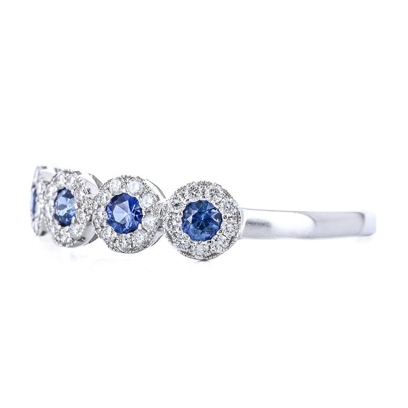 .58CTW Round Sapphire + Diamond Band - Halo - 14K White Gold