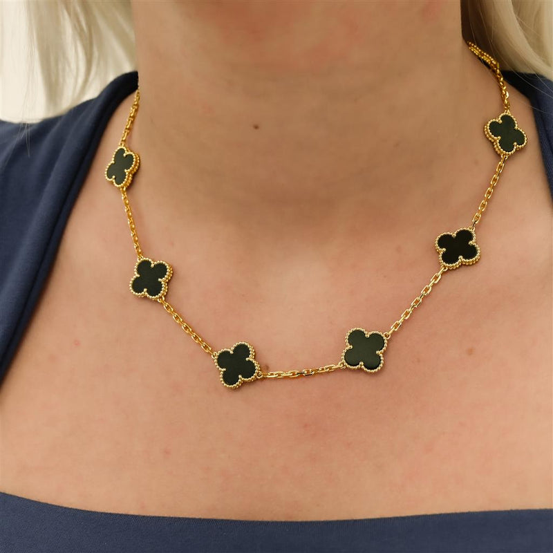 Van Cleef & Arpels | Onyx 10-Motif Vintage Alhambra Necklace, 17" - 18K Yellow Gold