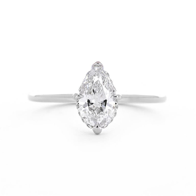 1.07ctw Pear Solitaire Diamond Engagement Ring, Hidden Halo, Compass Prongs - 14K White Gold