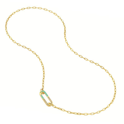 Diamond + Enamel Push Lock Pendant - Teal & Yellow Gold