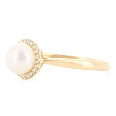 .08CTW Diamond + Cultured Freshwater Pearl Ring - Halo + Cathedral - 14K Yellow Gold