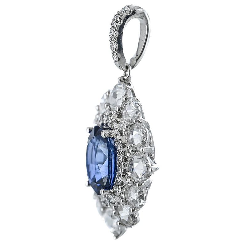 1.94CTW Oval Sapphire + Rose Cut Diamond Halo Pendant - 14K White Gold
