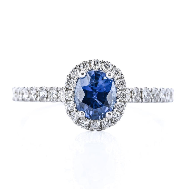 1.15CTW Round Sapphire + Diamond Engagement Ring - Halo + Pavé Band - 18K White Gold