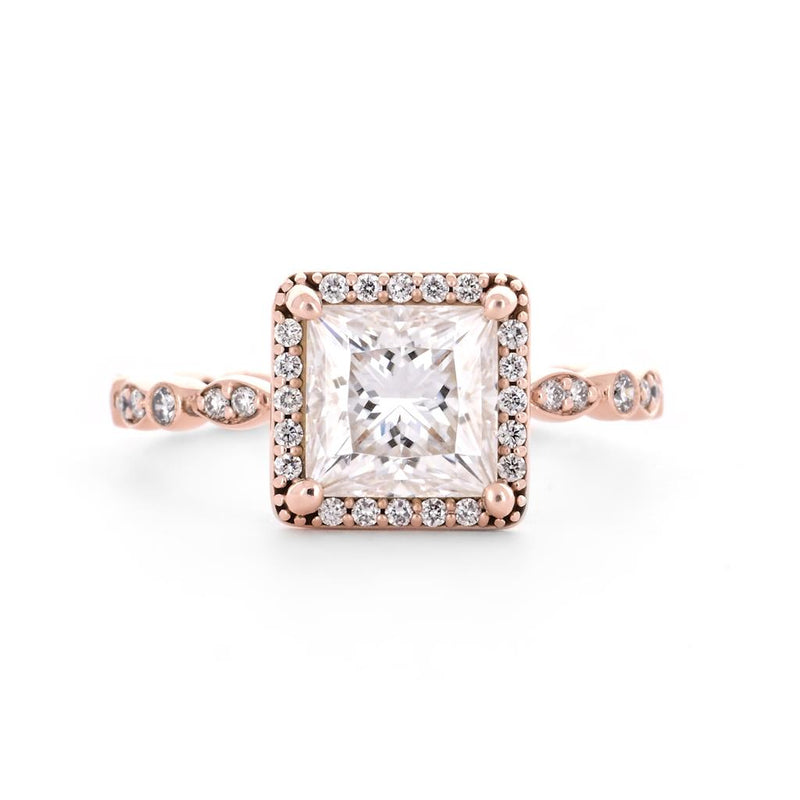 2.25tw Princess Moissanite + Diamond Engagement Ring, Halo, Scalloped - 14K Rose Gold