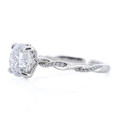 2.12CTW Round Diamond Engagement Ring - Hidden Scalloped Halo + Twisted Diamond Band - 14K White Gold