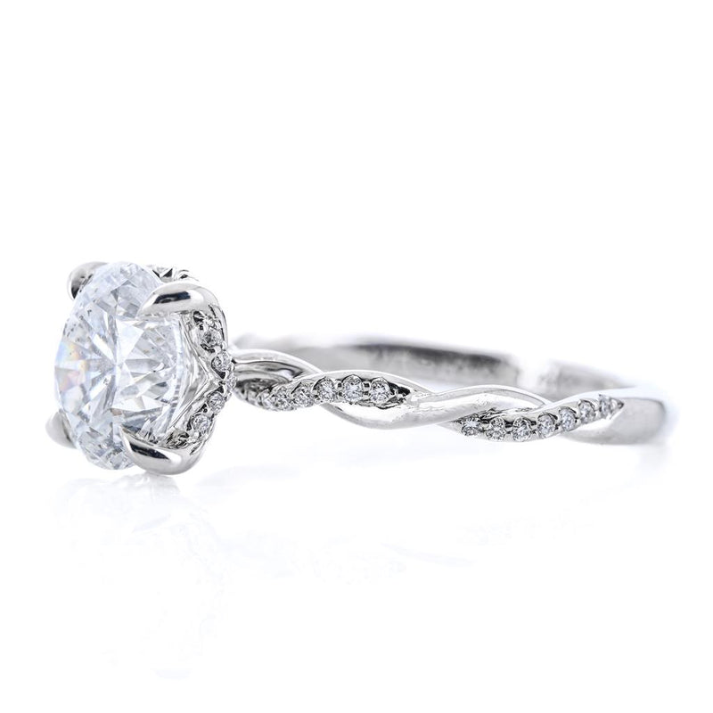2.12CTW Round Diamond Engagement Ring - Hidden Scalloped Halo + Twisted Diamond Band - 14K White Gold