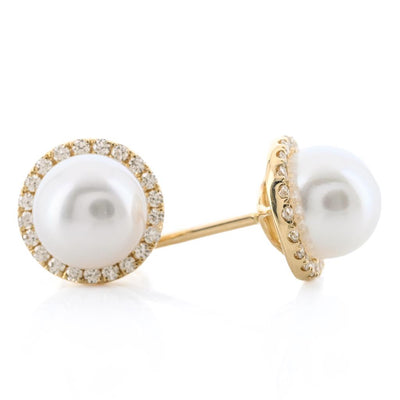 .15 Diamond + Cultured Freshwater Pearl Stud Earrings - Halo - 14K Yellow Gold