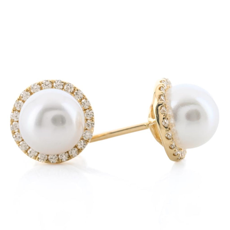 .15 Diamond + Cultured Freshwater Pearl Stud Earrings - Halo - 14K Yellow Gold