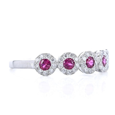 .59CTW Round Ruby + Diamond Band - Halo - 14K White Gold