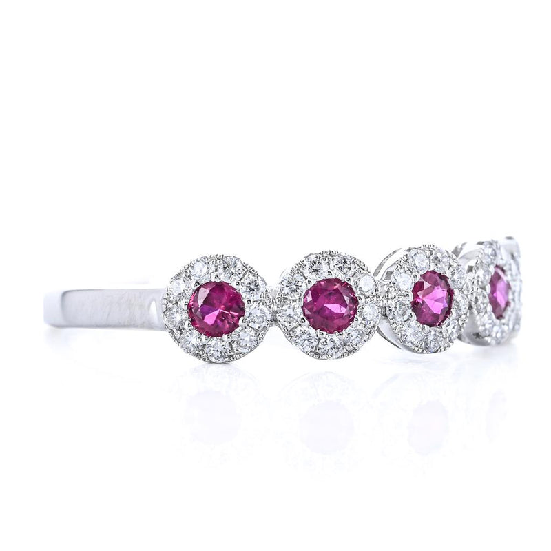 .59CTW Round Ruby + Diamond Band - Halo - 14K White Gold