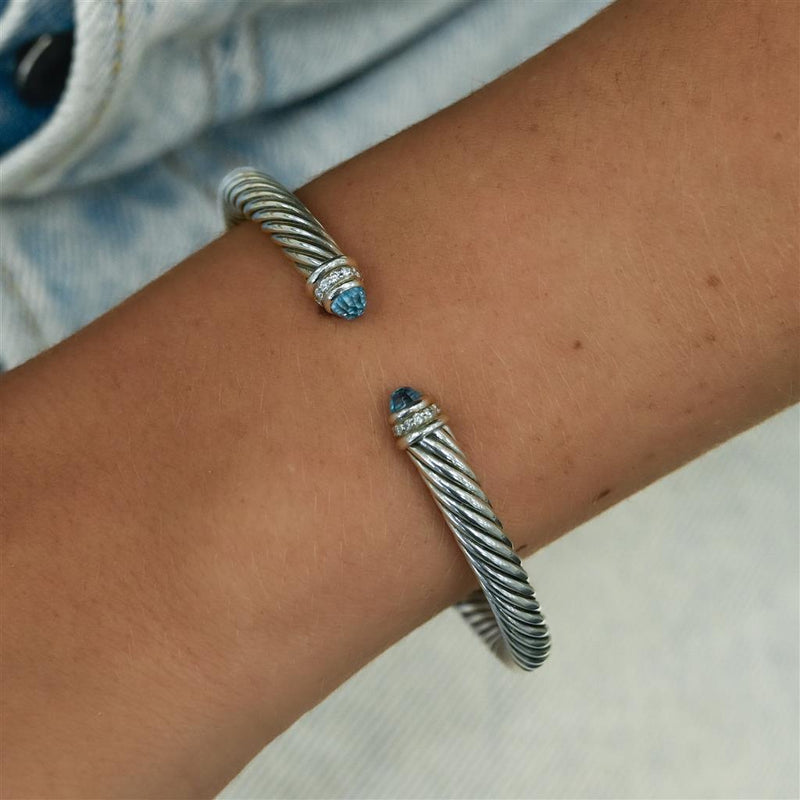 David Yurman | .07CTW Round Diamond + Blue Topaz Cable Bracelet, 6.5" - 925 Sterling Silver