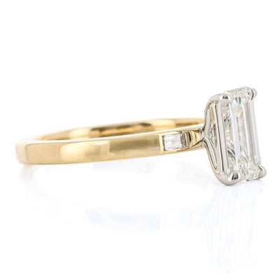 1.12CTW Emerald + Baguette Diamond Three Stone Engagement Ring - 14K Yellow Gold
