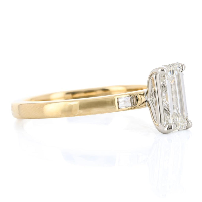 1.12CTW Emerald + Baguette Diamond Three Stone Engagement Ring - 14K Yellow Gold