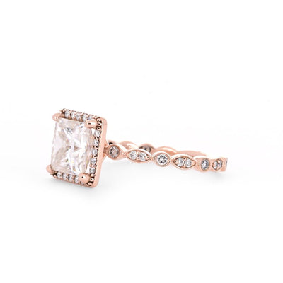 2.25tw Princess Moissanite + Diamond Engagement Ring, Halo, Scalloped - 14K Rose Gold