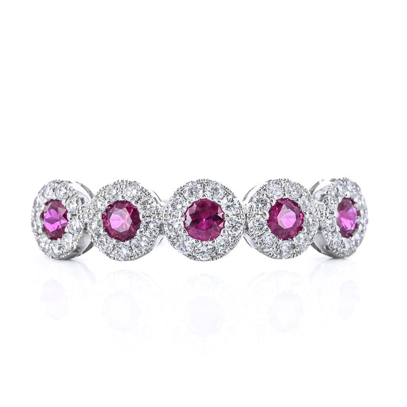 .59CTW Round Ruby + Diamond Band - Halo - 14K White Gold
