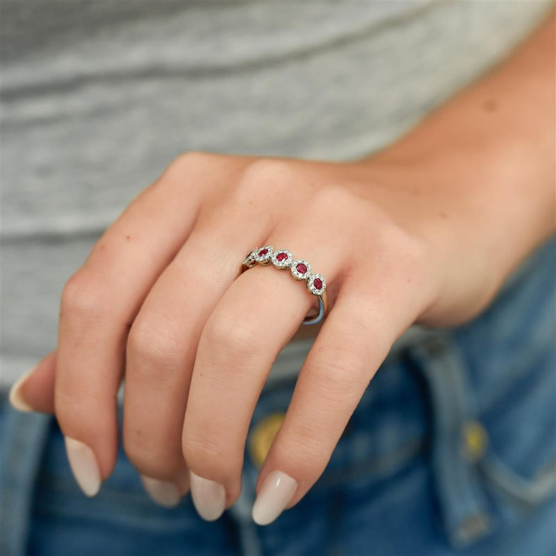 .59CTW Round Ruby + Diamond Band - Halo - 14K White Gold