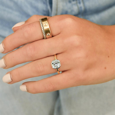 1.47CT Cushion Diamond Engagment Ring - Bezel + Solitaire - 14K Yellow Gold + 950 Platinum