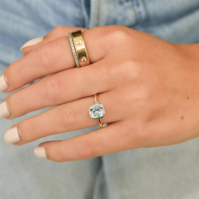 1.47CT Cushion Diamond Engagment Ring - Bezel + Solitaire - 14K Yellow Gold + 950 Platinum