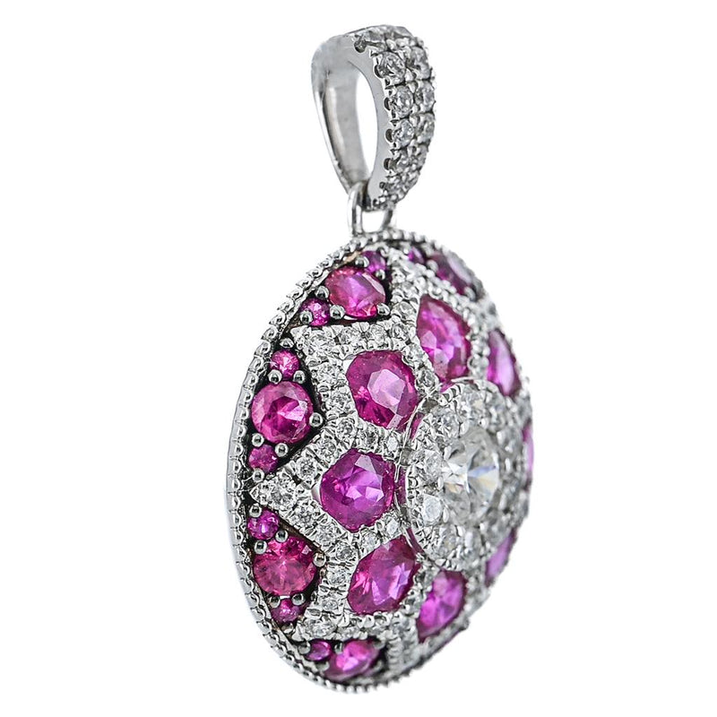 2.67CTW Ruby + Round Diamond Geometric Pendant - 14K White Gold