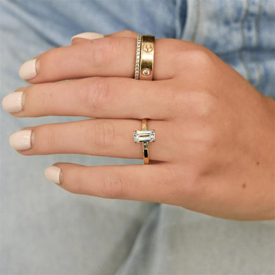 1.12CTW Emerald + Baguette Diamond Three Stone Engagement Ring - 14K Yellow Gold