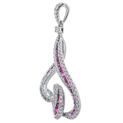 1.14CTW Round Diamond + Ruby Swirl Pendant  - 14K White Gold