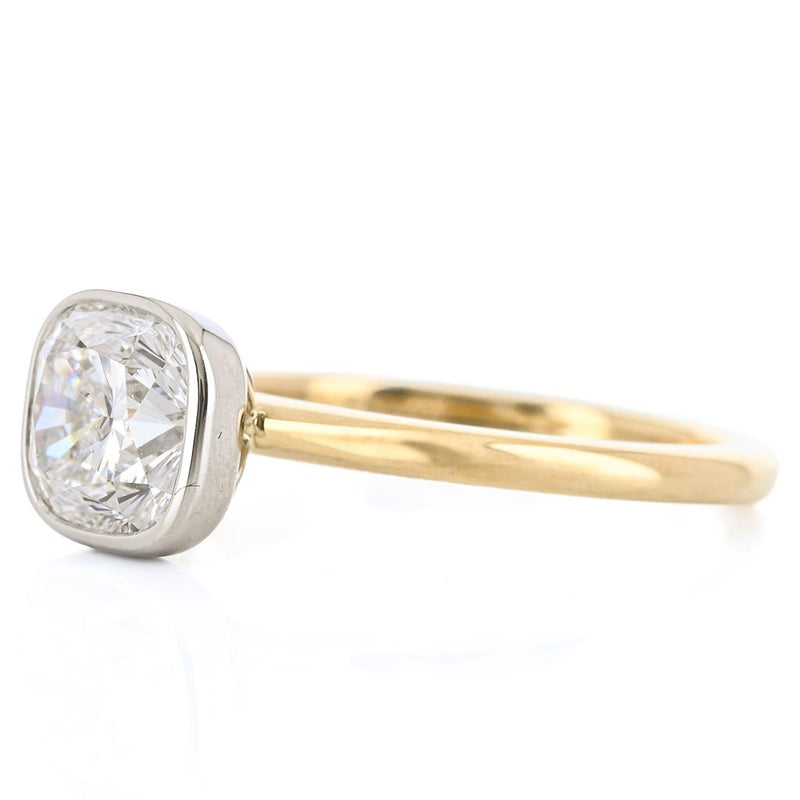 1.47CT Cushion Diamond Engagment Ring - Bezel + Solitaire - 14K Yellow Gold + 950 Platinum