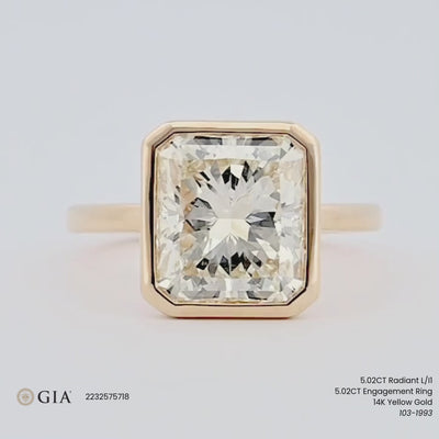 5.02CT Radiant Diamond Engagement Ring - Bezel + Solitaire - 14K Yellow Gold