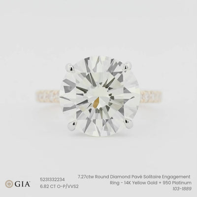 7.27ctw Round Diamond Pavé Solitaire Engagement Ring - 14K Yellow Gold + 950 Platinum