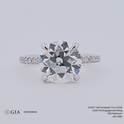 4.50CTW Old European Diamond Engagement Ring - Pavé Band - 950 Platinum