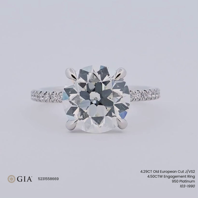 4.50CTW Old European Diamond Engagement Ring - Pavé Band - 950 Platinum