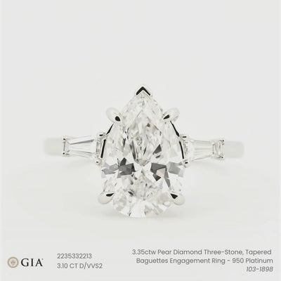 3.35ctw Pear Diamond Three-Stone, Tapered Baguettes Engagement Ring - 950 Platinum