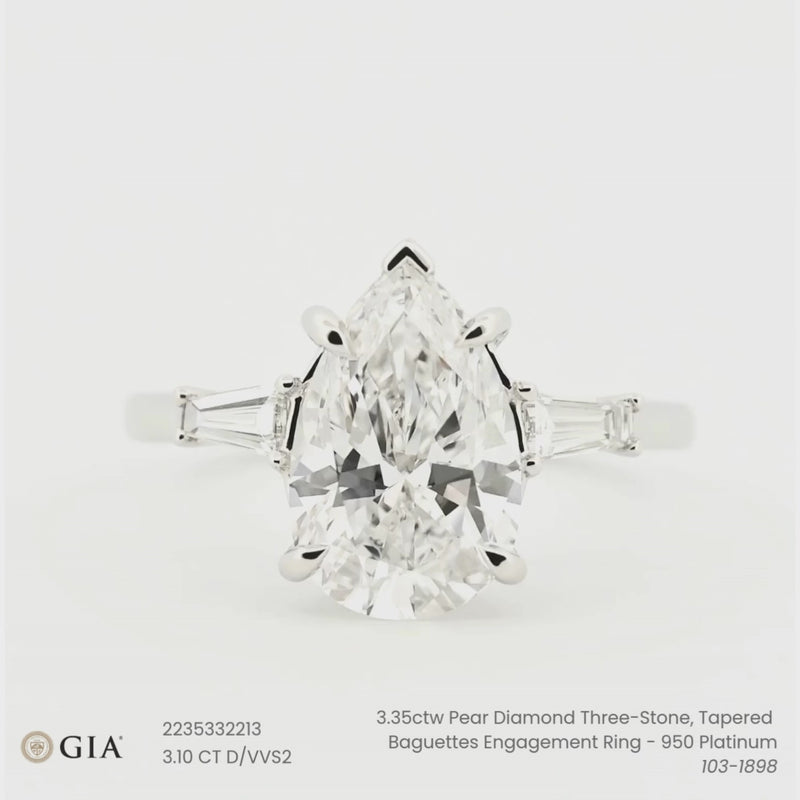 3.35ctw Pear Diamond Three-Stone, Tapered Baguettes Engagement Ring - 950 Platinum