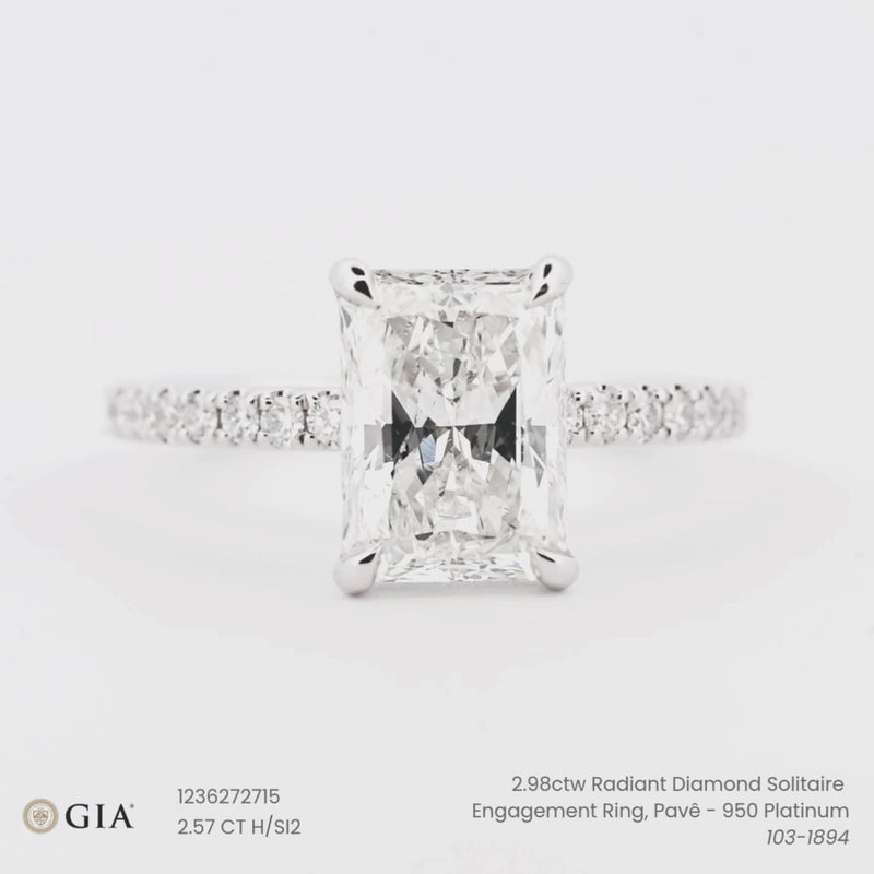 2.98ctw Radiant Diamond Solitaire Engagement Ring, Pavê - 950 Platinum